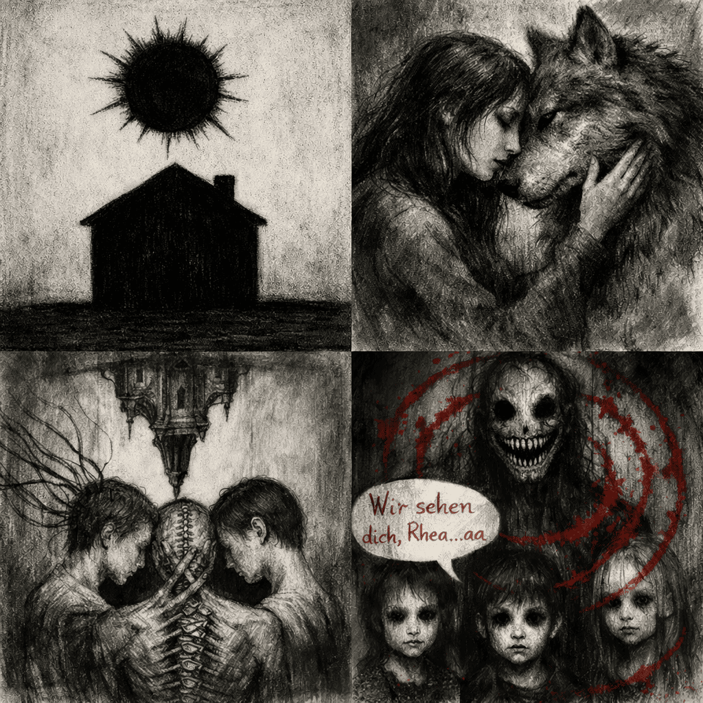 Vier Illustrationen aus Mach nicht auf – Spirale, Haus, Wolf, Kinder