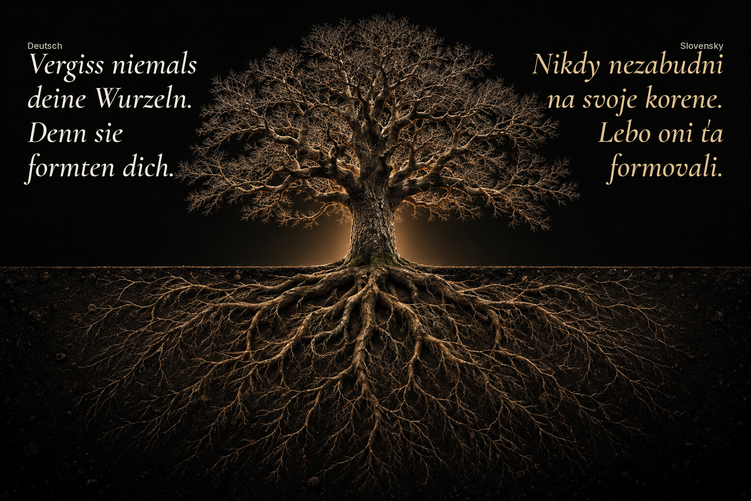 Der Satz „Vergiss niemals deine Wurzeln. Denn sie formten dich.“ auf Deutsch und Slowakisch, zwischen beiden ein Baum mit seinen Wurzeln